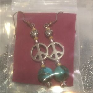 Turquoise Bead Peace Sign Drop Earrings - Unbranded